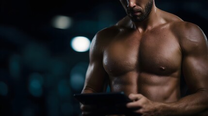 Muscular personal trainer tracking fitness progress on digital tablet