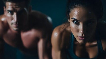 Fitness couple performing synchronized plank challenge in high  indoor lighting