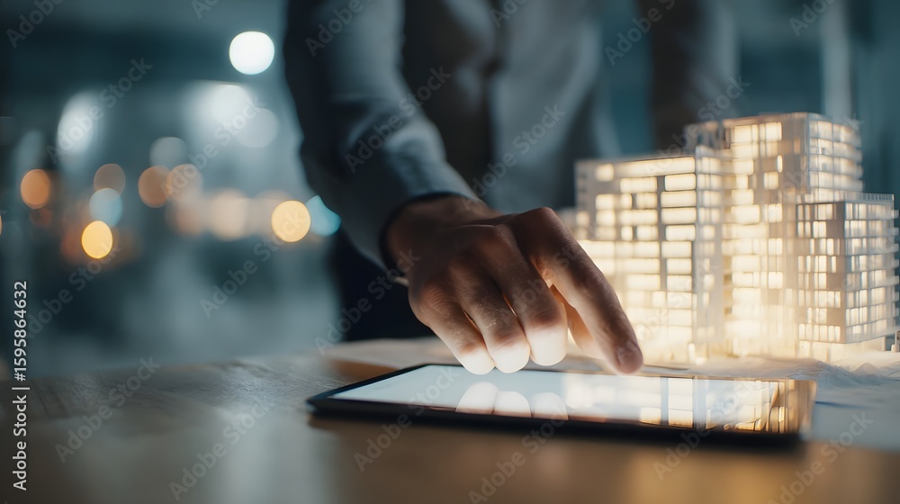 Poster an architect points at a digital building model on a tablet long title a professional architect exam