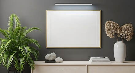 Modern minimalist interior mockup: gold frame, blank canvas, neutral tones, dried hydrangeas, palm plant, light wood sideboard.