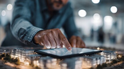 Architect examining a digital building model on a tablet with construction lighting