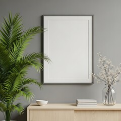Modern Minimalist Gray Wall Mockup: Blank Frame, Plant, and Wooden Console Table