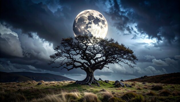 A towering, leafless tree stands silhouetted against a moody, cloud-filled sky, with a glowing full moon nestled in its branches—evoking mystery, solitude, and cosmic alignment.