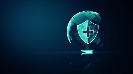 Global Network medical healthcare system protection concept. Futuristic medical health protection shield icon with shining wireframe above multiple on dark blue background. Seamless loop 4k animation. - Powered by Adobe