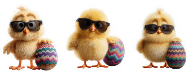 Three cute fluffy chicks wearing sunglasses with easter eggs isolated on transparent background