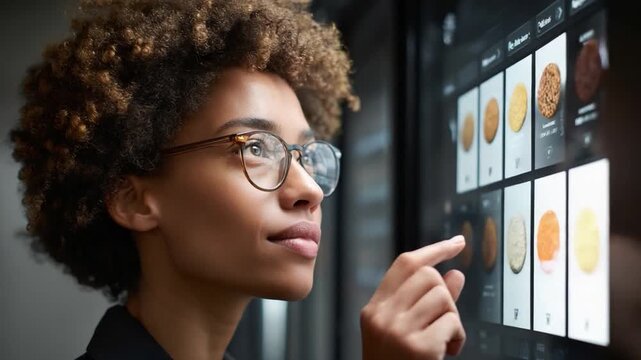 Tech-Savvy Interaction: A focused individual explores a digital display, engaging with touch screen technology to investigate options in an intuitive and interactive manner.