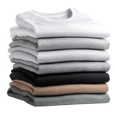 A stack of folded t-shirts in various shades of gray, white, and black