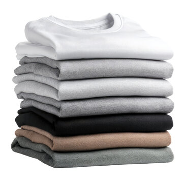 A stack of folded t-shirts in various shades of gray, white, and black
