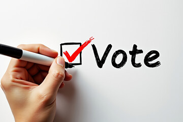 Hand Marking a Checkbox with a Red Pen Next to the Word Vote on a White Background