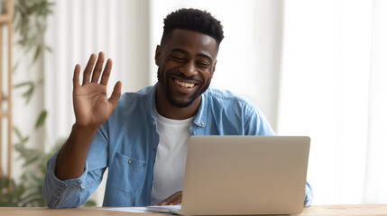 African American man is sitting at his desk, looking into the laptop screen and waving with one hand to say hi. His face shows happiness.