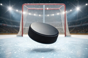 Hockey Puck Floating Above Ice with Goal in Background Capturing the Essence of the Sport