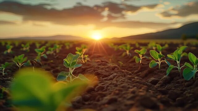 Sunset over young soybean field.