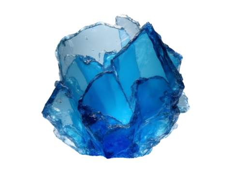 Abstract blue glass sculpture with sharp edges and translucent layers isolated on a transparent background