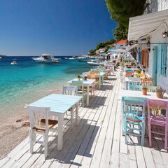 Fototapeta premium Beachside café with colorful umbrellas