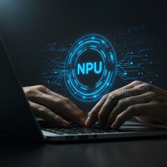 Hands typing on a laptop with a glowing npu neural network graphic