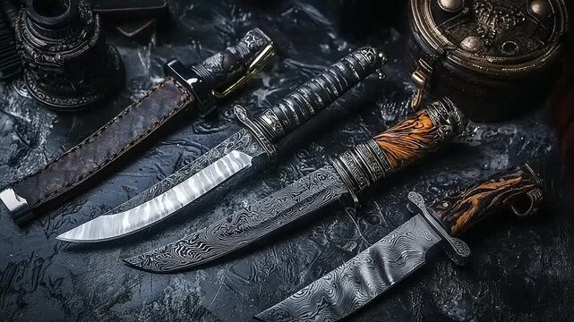 Several decorative knives on a dark surface