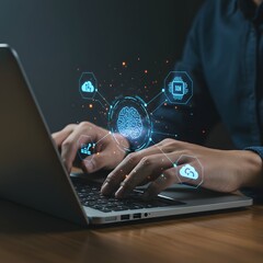 Person typing on laptop with glowing digital network connections emerging