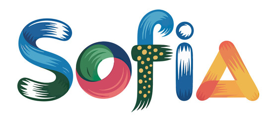 Colorful Artistic "Sofia" Name Text, Playful Decorative Brush Stroke Letters, Creative Typography Design Isolated on White Background