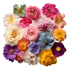 Vibrant floral arrangement.  A top-down view of a cluster of various flowers in a mix of pastel and bold colors.  Roses, peonies, and other blossoms create a colorful, diverse display