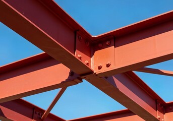 red metal ladder, Close-up of steel structure construction with clear blue sky background. Red metal beams join with bolts. Modern architecture framework industrial design.