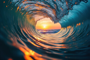 Ocean Wave Tunneling Sunlight A Captivating Seascape of Turquoise Water and Golden Light at Sunset