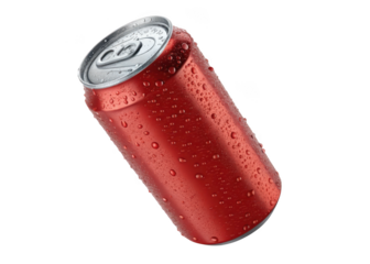 Close up of a red soda can covered in condensation droplets isolated on transparent background