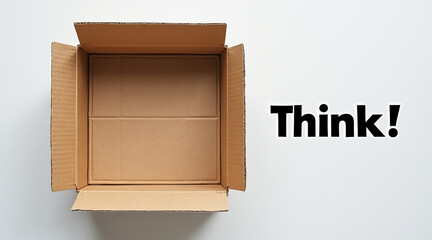 Open Cardboard Box with the Word Think Next to It on a White Background in a Studio Shot