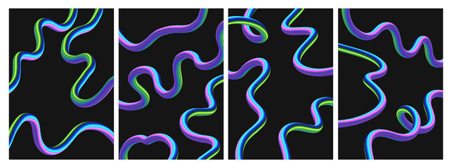 Iridescent Neon Squiggle Line Art Set. Violet, Green, and Blue Abstract 3D Scribbles on Black Background. Modern Digital Design Pack.