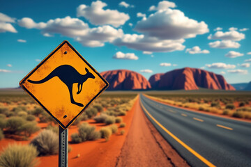 Outback Adventure Kangaroo Crossing Sign on a Desert Road in Australia Symbolizing Wildlife and Travel
