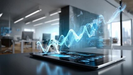 Digital Transformation: Futuristic office setting featuring a digital projection of financial data overlaid on a tablet, illustrating technological advancements in the modern workplace. - Powered by Adobe