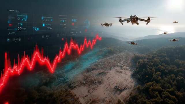 Data-Driven Aerial Exploration: A fleet of drones takes flight over a landscape overlaid with data visualizations, suggesting the innovative use of technology in surveying or environmental analysis.