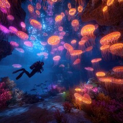 Glowing Jellyfish Underwater Scene With Scuba Diver