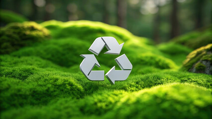 Recycling Emblem on Lush Mossy Terrain Promoting Ecological Awareness and Environmental Stewardship