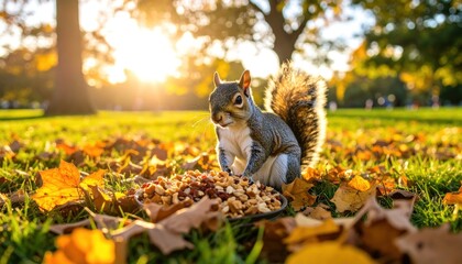 Squirrel feasting in autumn sunlight, creating a charming woodland scene
