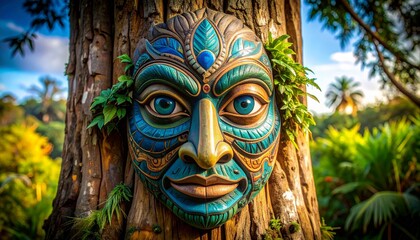 Fototapeta premium carving of a human face mask on an old tree 13