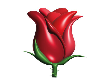 3D marroon dark red rose flower icon on transparent background with green stem and leaves