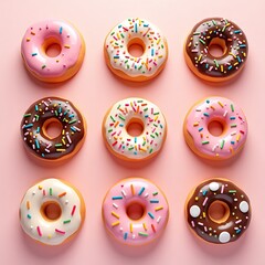 Obraz premium Delicious Assortment Colorful Doughnuts on Pink Background for Sweet Indulgence