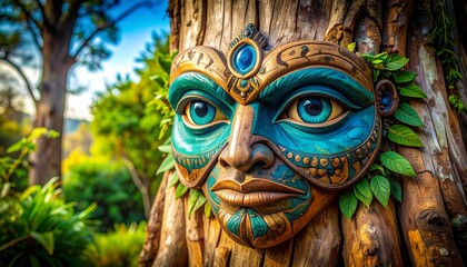 carving of a human face mask on an old tree 20