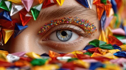 Colorful glitter makeup eye closeup