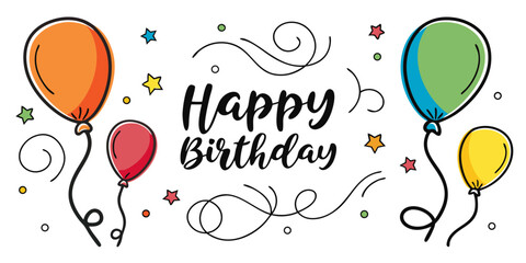 Festive Happy Birthday Illustration with Balloons Stars and Swirls on a Clean White Background for Celebrations
