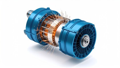 Electric Motor Disassembled View with Sparks, Illustrating Innovation and Power