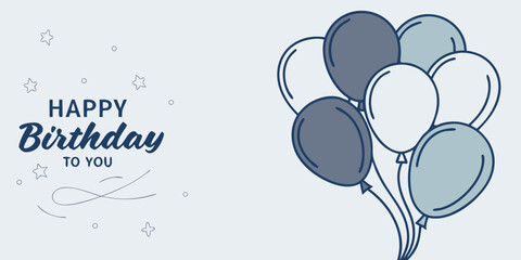 Elegant Happy Birthday Celebration Design with Balloons and Stars on a Light Blue Background for Greeting Cards