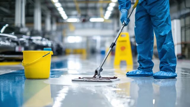 Industrial Cleaning: A dedicated cleaner meticulously mops a pristine industrial floor. Capturing dedication and commitment to cleanliness and order in a factory setting.