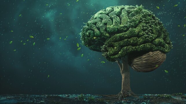 Surreal brain tree in barren land Concept of human mind