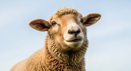 Obraz premium A close-up portrait of a light brown sheep with a white face looking directly at the viewer against a clear blue sky.