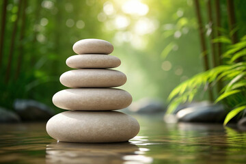 Stacked Stones in Water A Serene Scene of Balanced Rocks in a Calm Stream with Lush Greenery