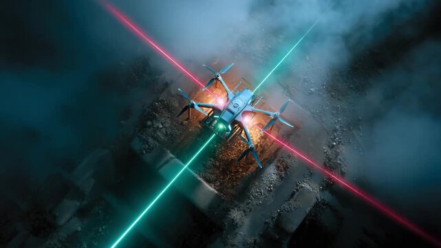 Futuristic Drone Interrogation: A cutting-edge drone, bathed in an ethereal glow, is entangled within a dynamic crossfire of vibrant laser beams, creating a visual metaphor for information gathering.