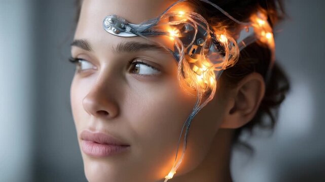 Human Mind Augmentation: A portrait of a woman showcasing advanced brain-computer interface technology, suggesting a futuristic view of cognitive enhancement and human potential. 
