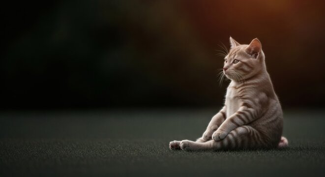 A tabby cat sits upright on a dark surface, gazing to the side with a thoughtful expression.