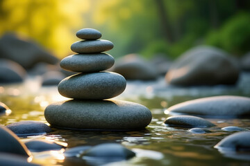 Stone Cairn in River A Peaceful Scene of Balanced Rocks in Water with Sunlight and Natural Beauty